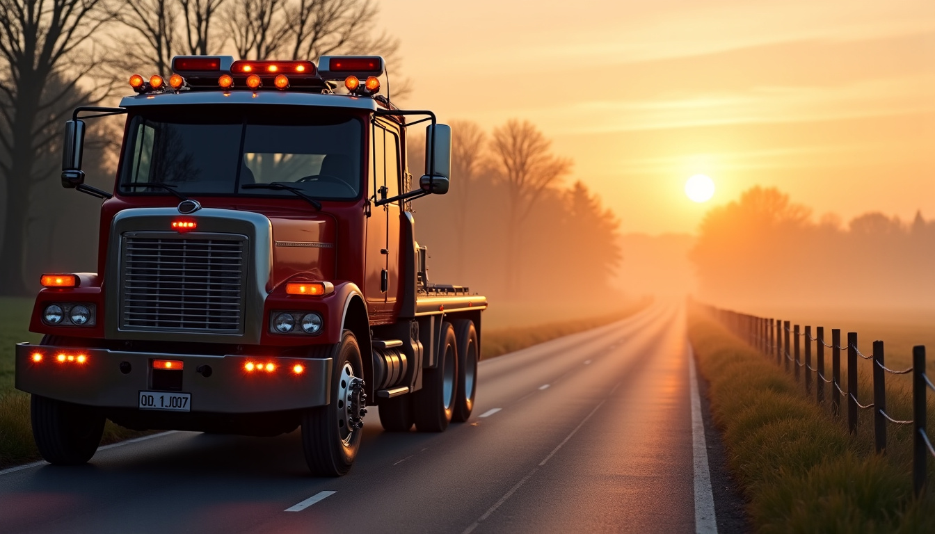 Un camion de dépannage d'épaviste en train de charger un véhicule hors d'usage à Goudelancourt-lès-Pierrepont, avec un champ en arrière-plan sous un ciel nuageux.
