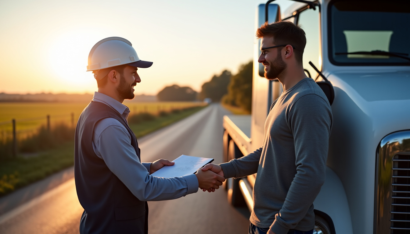 Un épaviste professionnel en tenue de travail discute avec un propriétaire de véhicule et signe des documents administratifs sur un carnet à la main, avec un camion de remorquage en arrière-plan.