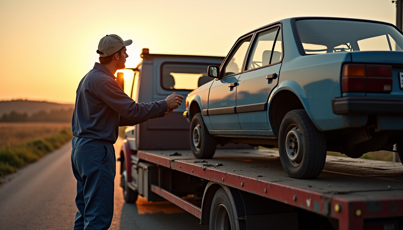 Un épaviste professionnel charge un véhicule hors d'usage sur un camion de remorquage à Landifay-et-Bertaignemont, sous un ciel dégagé, illustrant une intervention efficace et sécurisée.
