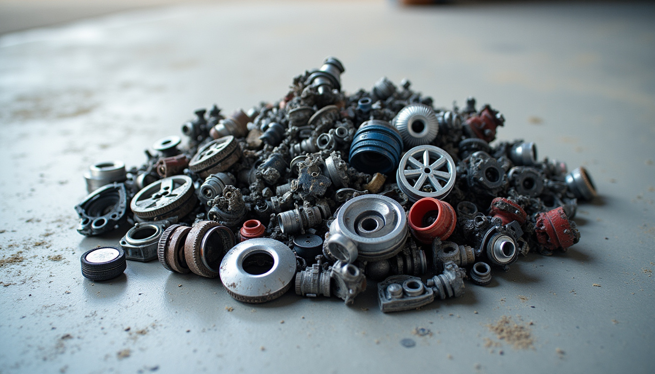 Un tas de pièces automobiles triées et prêtes pour le recyclage, incluant des éléments métalliques et plastiques, symbolisant le processus de valorisation des véhicules hors d'usage.