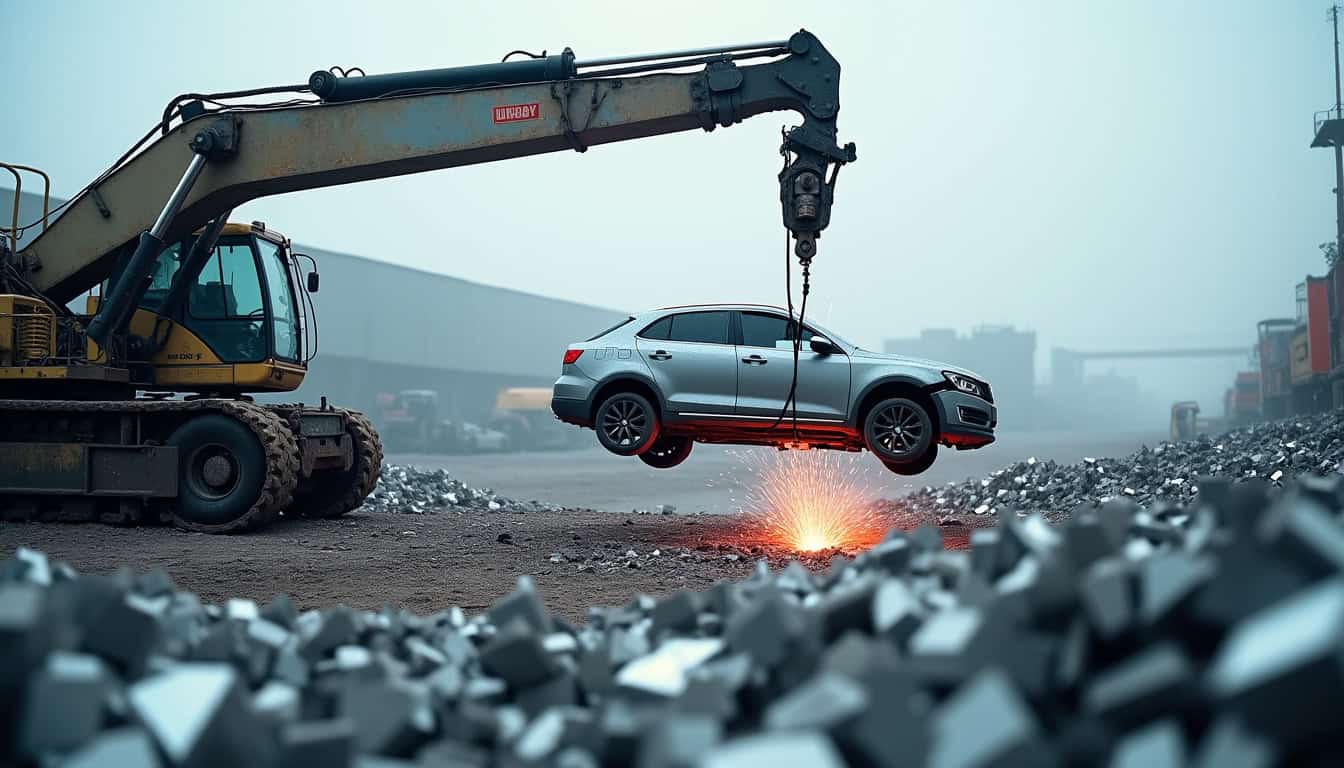 Une grue industrielle manipule des carcasses de voitures compactées dans un centre de recyclage. Des machines broient et trient les différents matériaux, illustrant le processus de valorisation des épaves après leur dépollution.