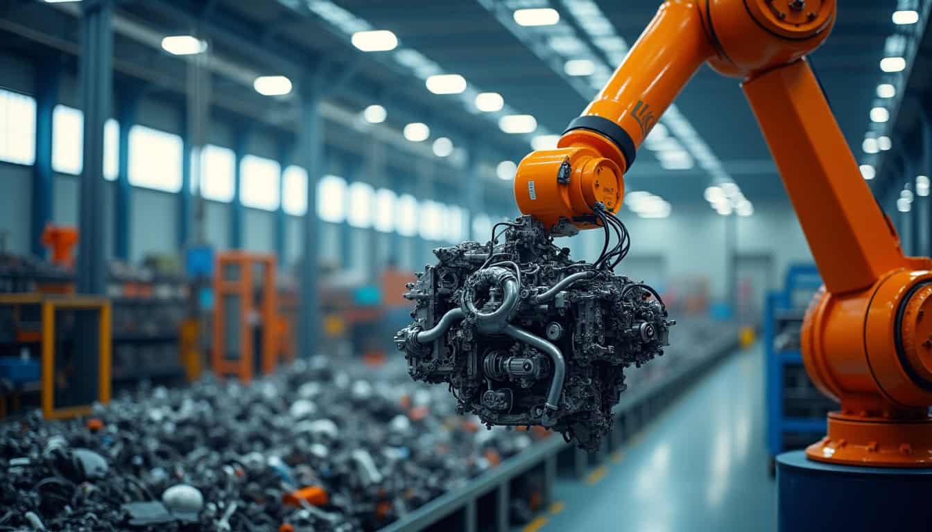Un bras mécanique manipule des pièces de voiture dans un centre de recyclage agréé, illustrant le processus de dépollution et de démantèlement des VHU, avec un accent sur la récupération des matériaux.