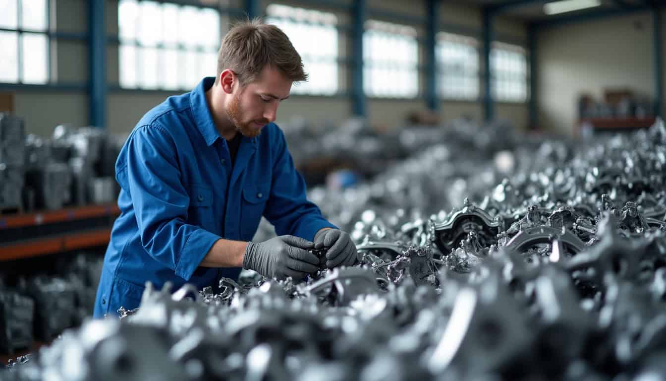 Un professionnel inspecte des pièces de voiture triées dans un centre de recyclage VHU. Des métaux brillants et des composants variés sont visibles, prêts pour la valorisation, sous un éclairage naturel.