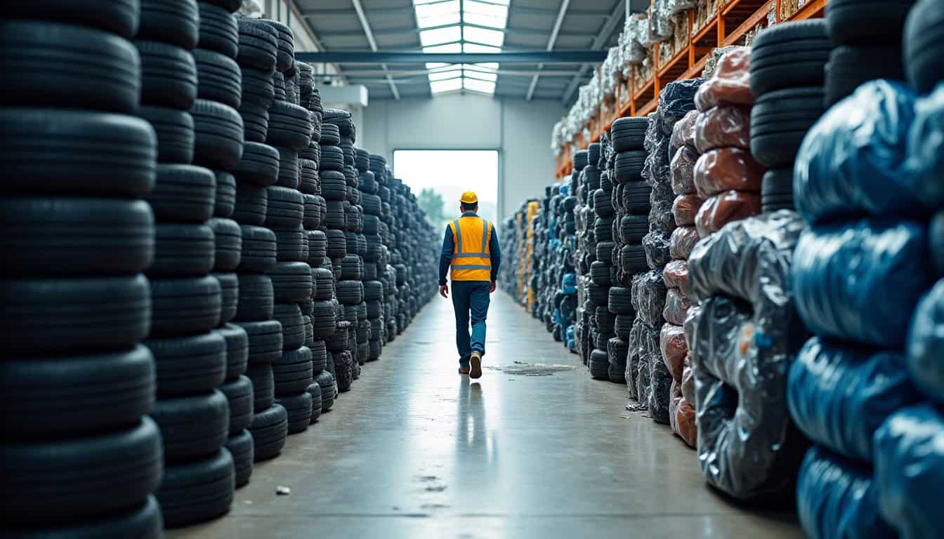 Divers éléments de véhicules, tels que des pneus usagés, des pièces métalliques et des plastiques, sont triés et empilés dans un centre de recyclage automobile, symbolisant la valorisation des VHU.