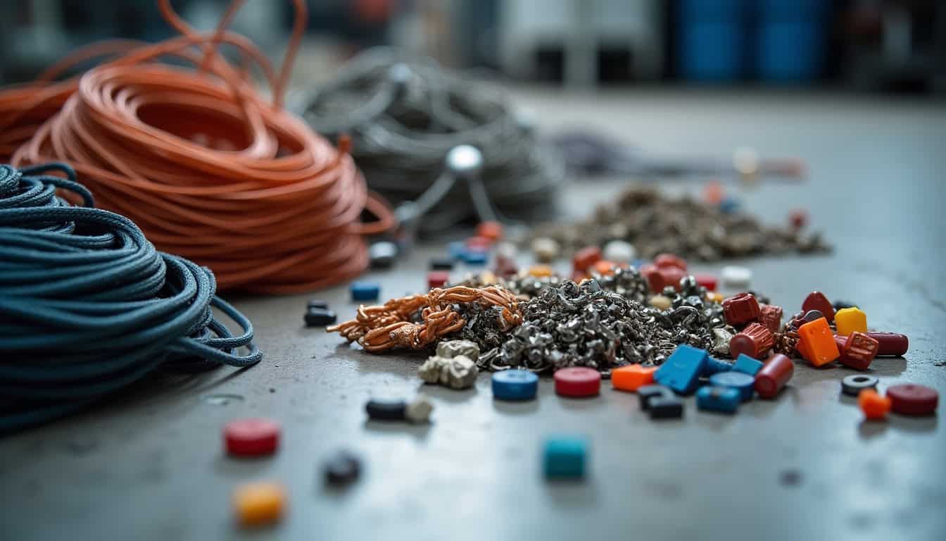 Vue rapprochée de différentes pièces automobiles triées pour le recyclage dans un centre VHU. On y distingue des métaux, des plastiques et des câbles, illustrant le processus de valorisation des matériaux après dépollution.