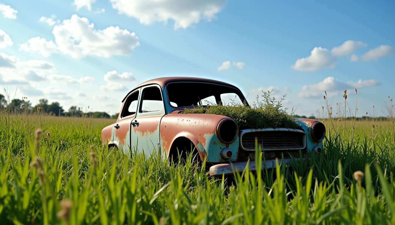 Une vieille épave de voiture rouillée et abandonnée dans un champ verdoyant près de Nizy-le-Comte, sous un ciel bleu avec quelques nuages blancs, illustrant les dangers environnementaux des véhicules non traités.