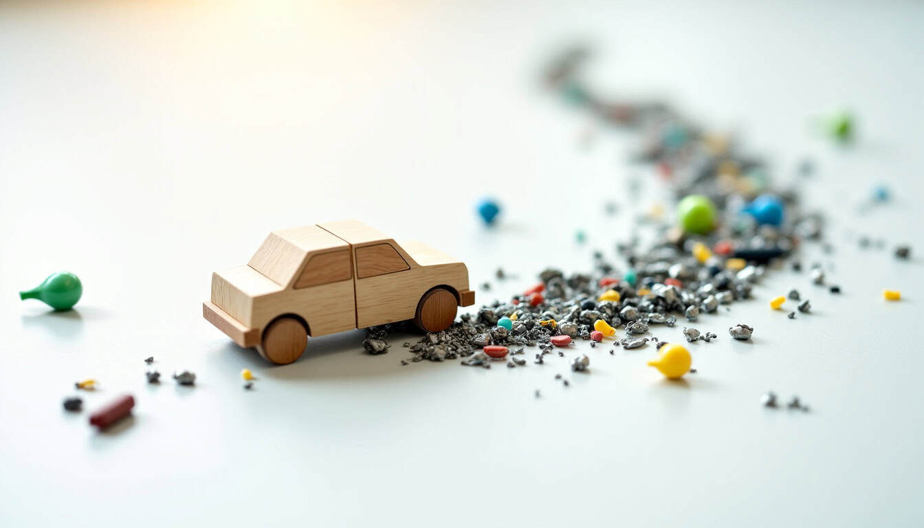 Illustration des étapes du recyclage de pièces automobiles avec des symboles écologiques, montrant une voiture se transformant en éléments recyclés comme du métal et des plastiques, soulignant un processus respectueux de l'environnement.