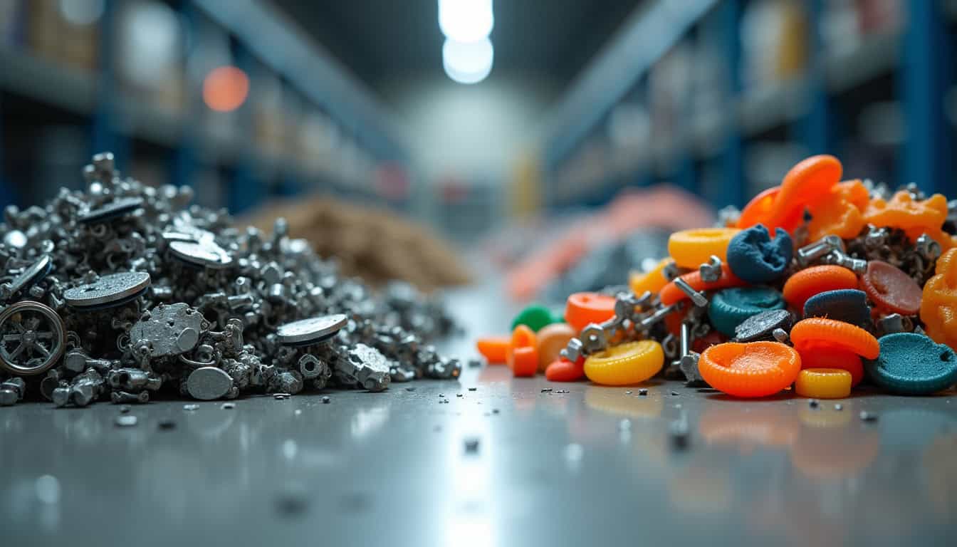 Une vue rapprochée de pièces automobiles triées pour le recyclage dans un centre VHU, montrant des métaux et des plastiques séparés, illustrant le processus de dépollution et de valorisation.