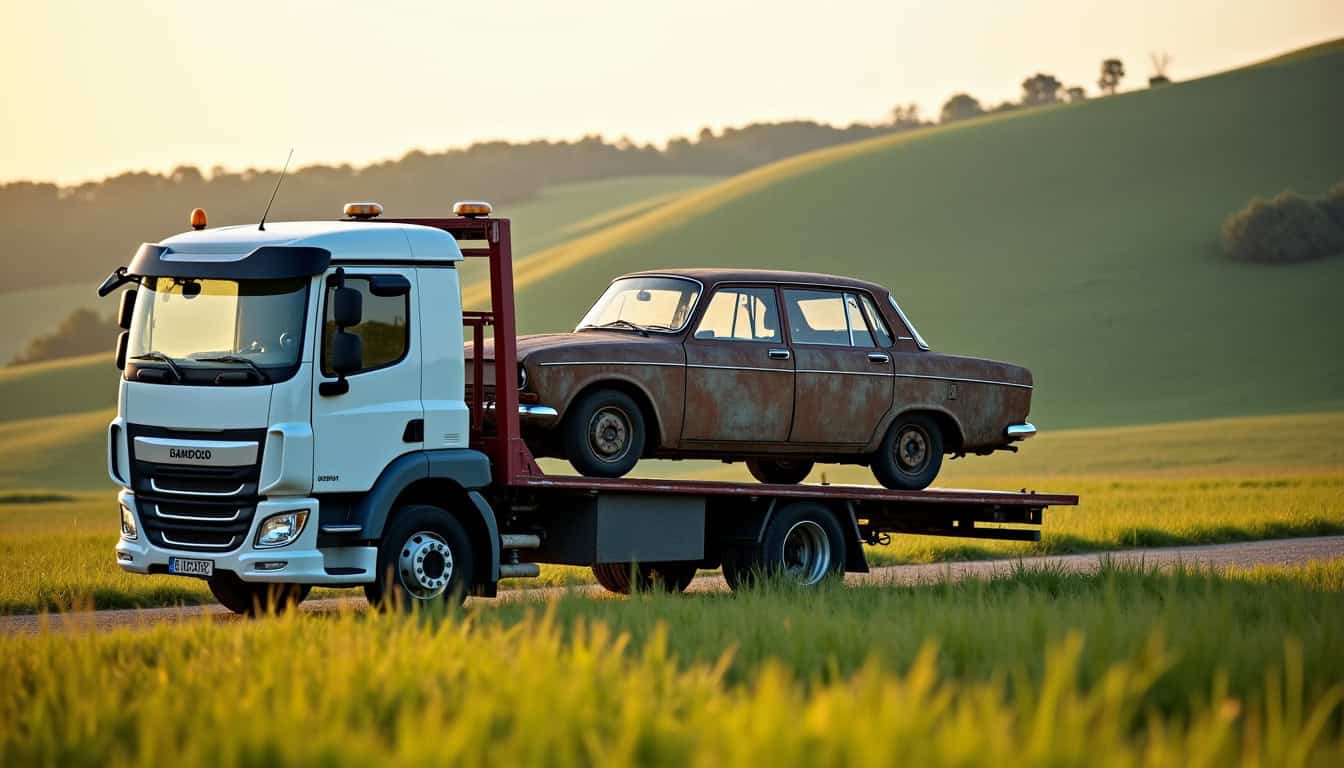 Un épaviste professionnel chargeant une épave de voiture sur une dépanneuse moderne dans un cadre rural près de Remaucourt. Le camion est blanc et propre, la voiture est rouillée mais intacte, symbolisant l'enlèvement d'un VHU.
