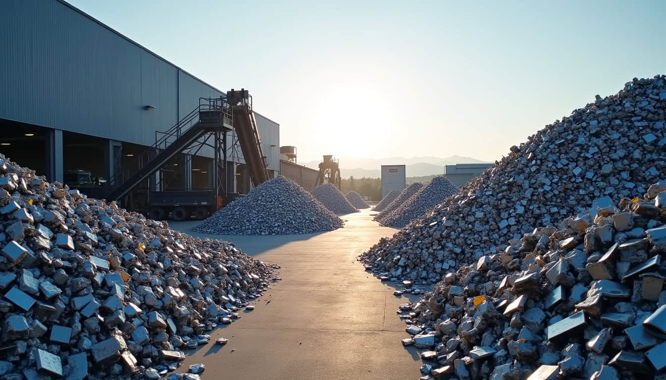 Une installation de recyclage de véhicules montrant des broyeurs et des séparateurs de matériaux, avec des tas de métaux triés en arrière-plan, symbolisant le processus de valorisation des épaves.