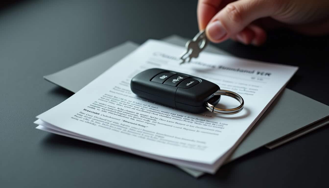 Une main tient une clé de voiture de modèle récent, symbolisant la propriété, posée sur une pile de documents officiels, dont la carte grise et un certificat de non-gage. Le tout est disposé sur une surface sombre pour accentuer le contraste et l'importance des papiers.