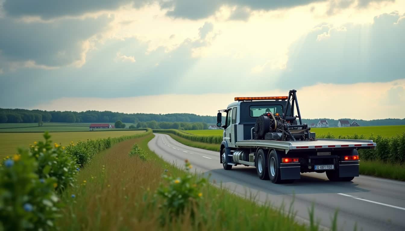 Un camion épaviste moderne, équipé pour le remorquage, roule sur une route de campagne sinueuse dans la région du Nord de la France. Le ciel est légèrement nuageux, et des champs verdoyants bordent la route, évoquant l'efficacité et la mobilité du service même en milieu rural.