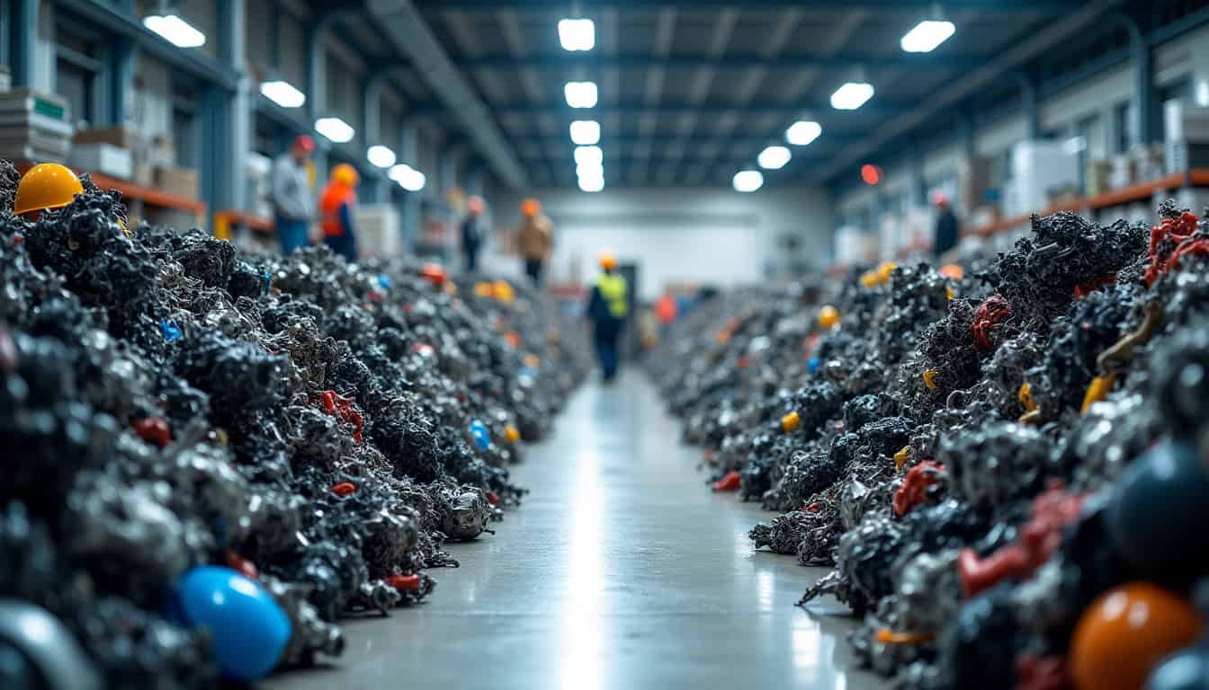 Des pièces de moteur et des composants automobiles triés et empilés dans un centre de recyclage. Les matériaux sont classés par type (métal, plastique) prêts pour leur transformation, illustrant le processus de valorisation des VHU.