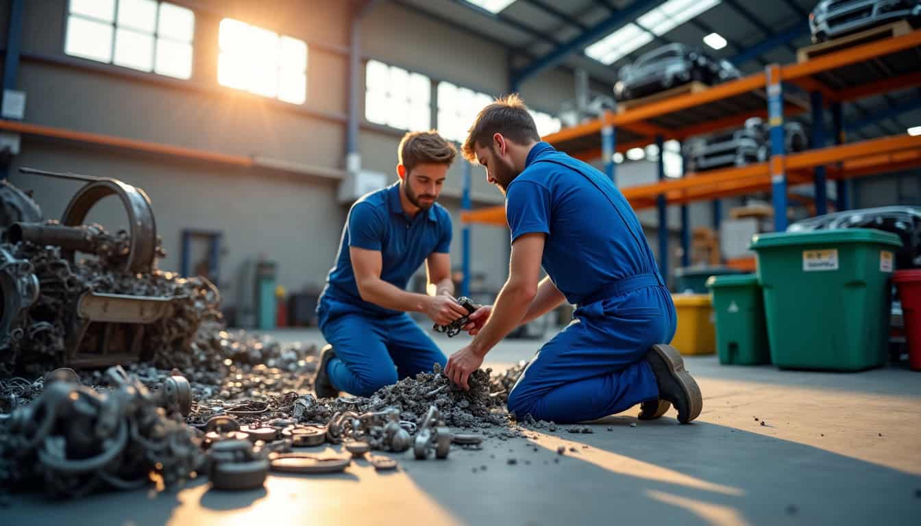 Des techniciens spécialisés travaillant dans une usine de recyclage, triant et démontant des composants de véhicules, avec des piles de métaux et de pièces réutilisables en arrière-plan, symbolisant la dépollution, la valorisation des matériaux et l'engagement écologique.