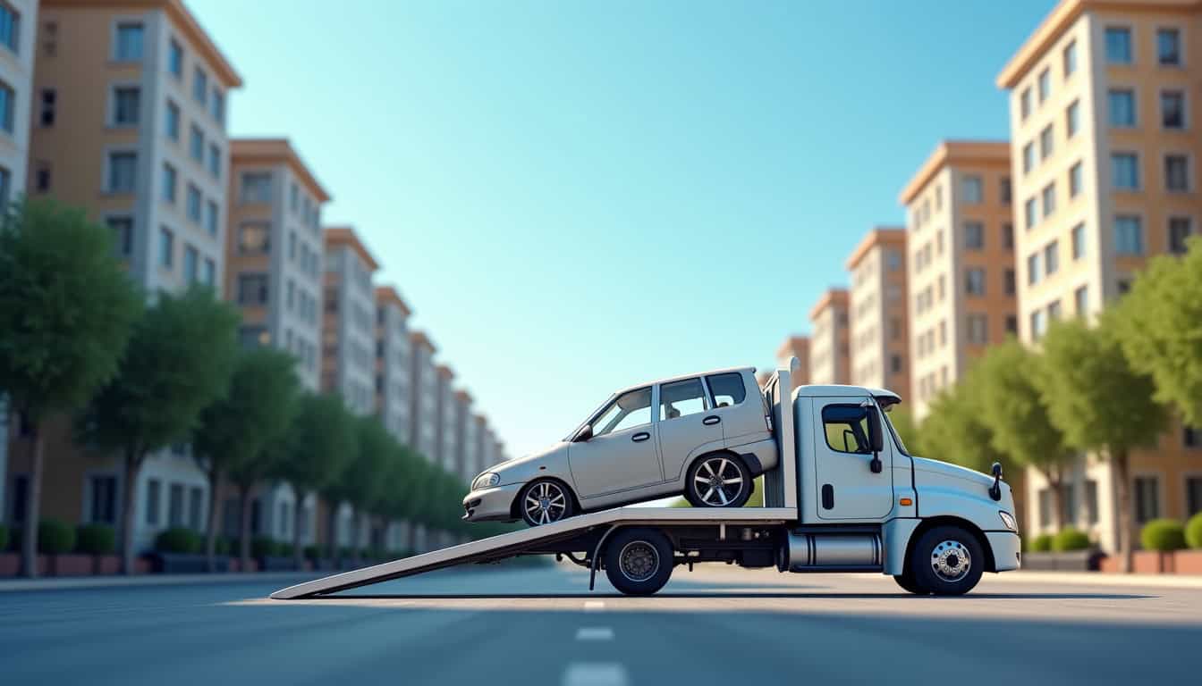 Une dépanneuse moderne avec sa rampe abaissée est en train de charger une épave de voiture de couleur claire dans un environnement urbain dense, avec des bâtiments résidentiels en arrière-plan sous un ciel dégagé.