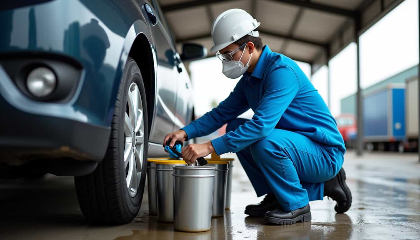 Un professionnel agréé dépollue une épave de voiture dans un centre VHU, avec des réservoirs de collecte pour les fluides et des outils spécialisés, garantissant un traitement écologique des déchets automobiles.