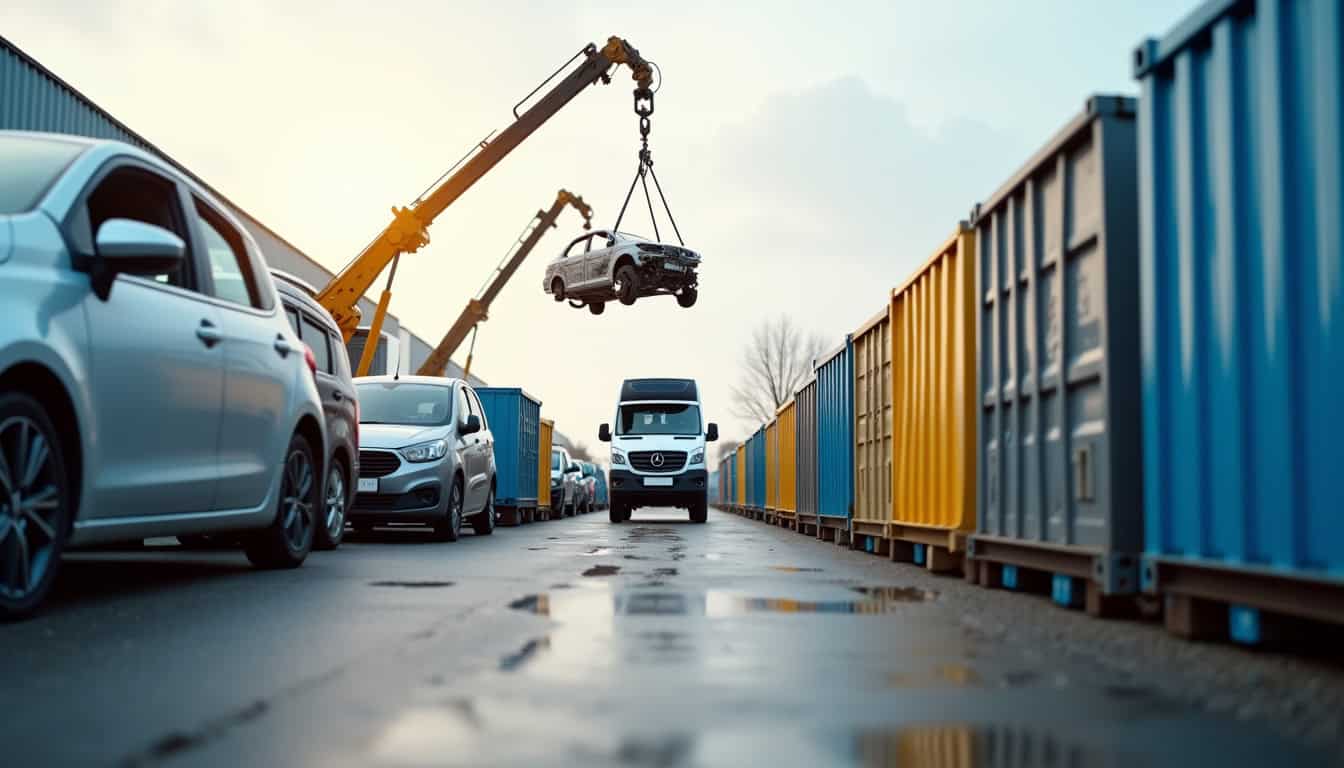 Un site de démolition automobile professionnel avec plusieurs voitures en cours de démontage, des grues et des conteneurs de tri des matériaux, soulignant la rigueur du processus de recyclage des épaves.