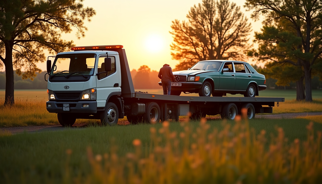 Un épaviste charge une vieille voiture endommagée sur un camion de remorquage dans une zone rurale. La scène montre le processus de dépannage avec un équipement professionnel et des véhicules garés dans un cadre naturel.