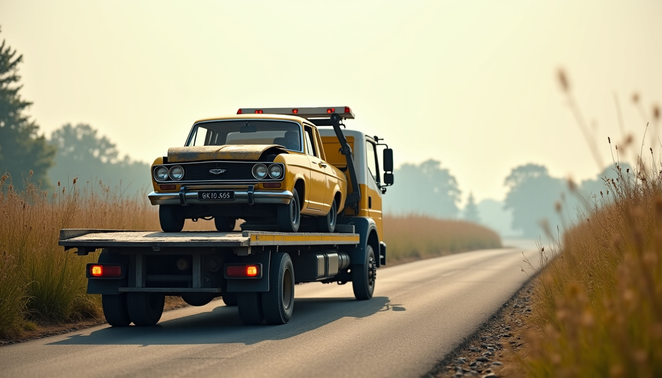 Camion de remorquage en train de charger une épave dans la commune de Chaudun