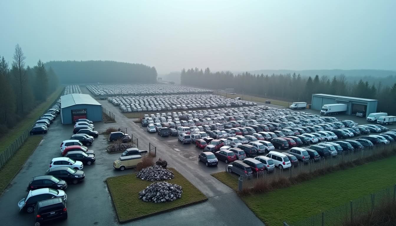 Centre de recyclage automobile agréé VHU avec véhicules en attente de traitement