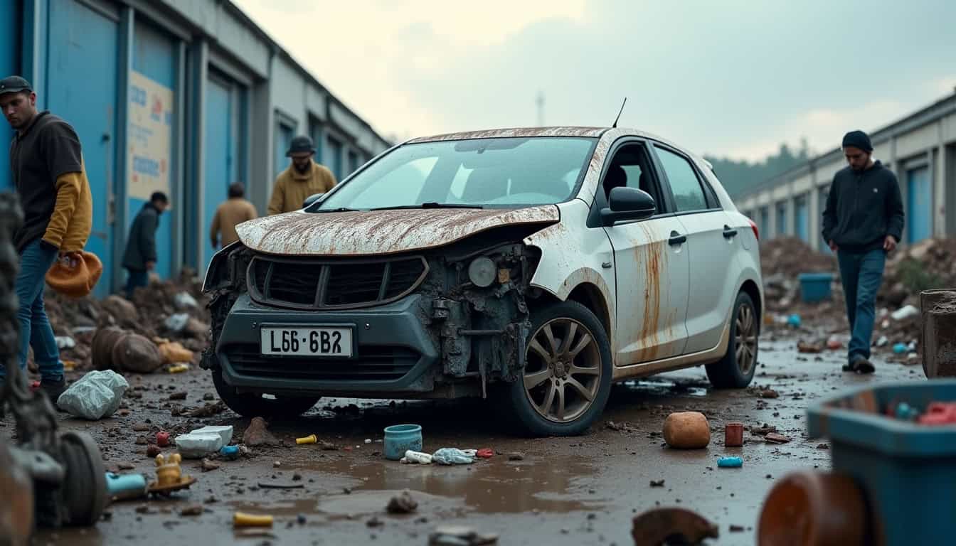 Centre de traitement VHU où une épave est en cours de dépollution et de démontage
