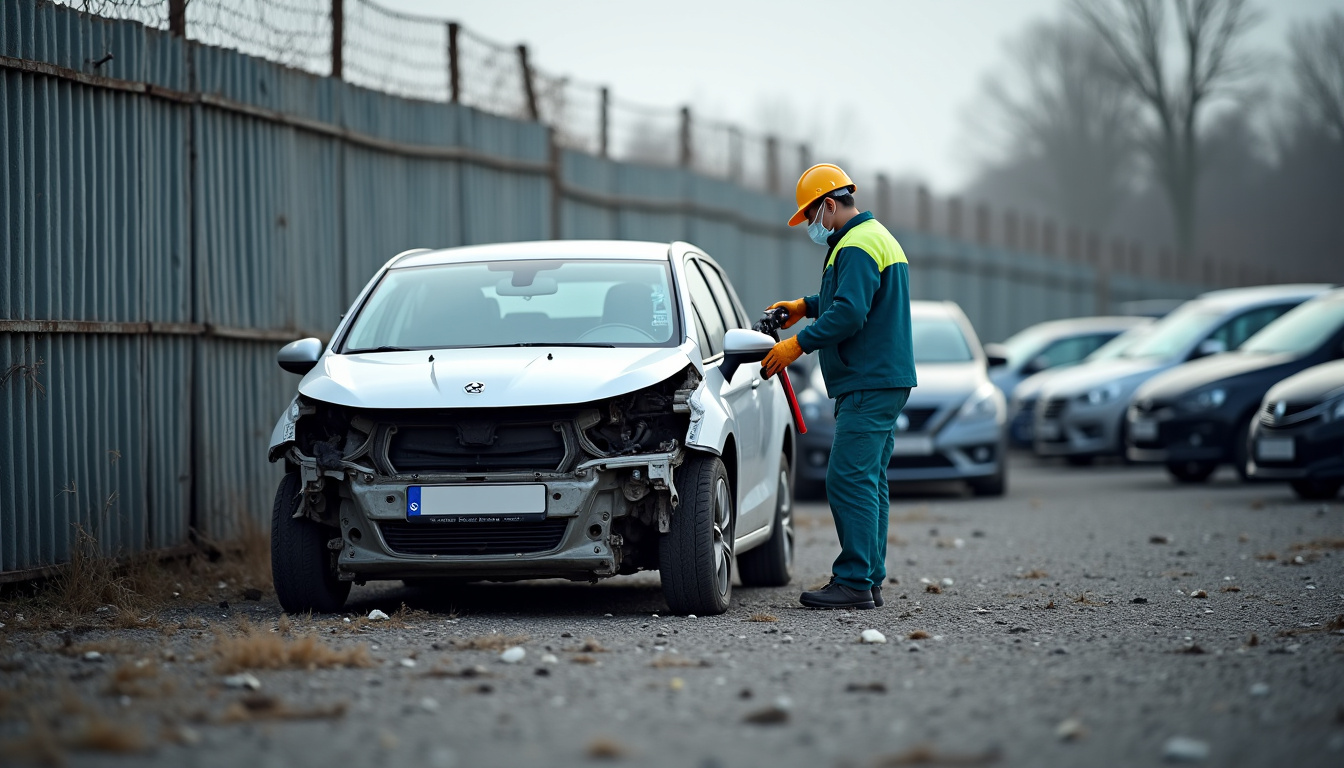 Centre VHU agréé à Chauny en train de démonter un véhicule hors d’usage dans un parc de stockage sécurisé