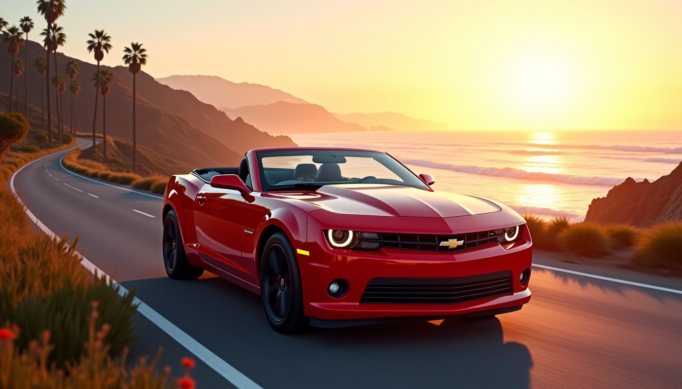 Chevrolet Camaro Cabriolet en conduite sur route côtière avec capote ouverte