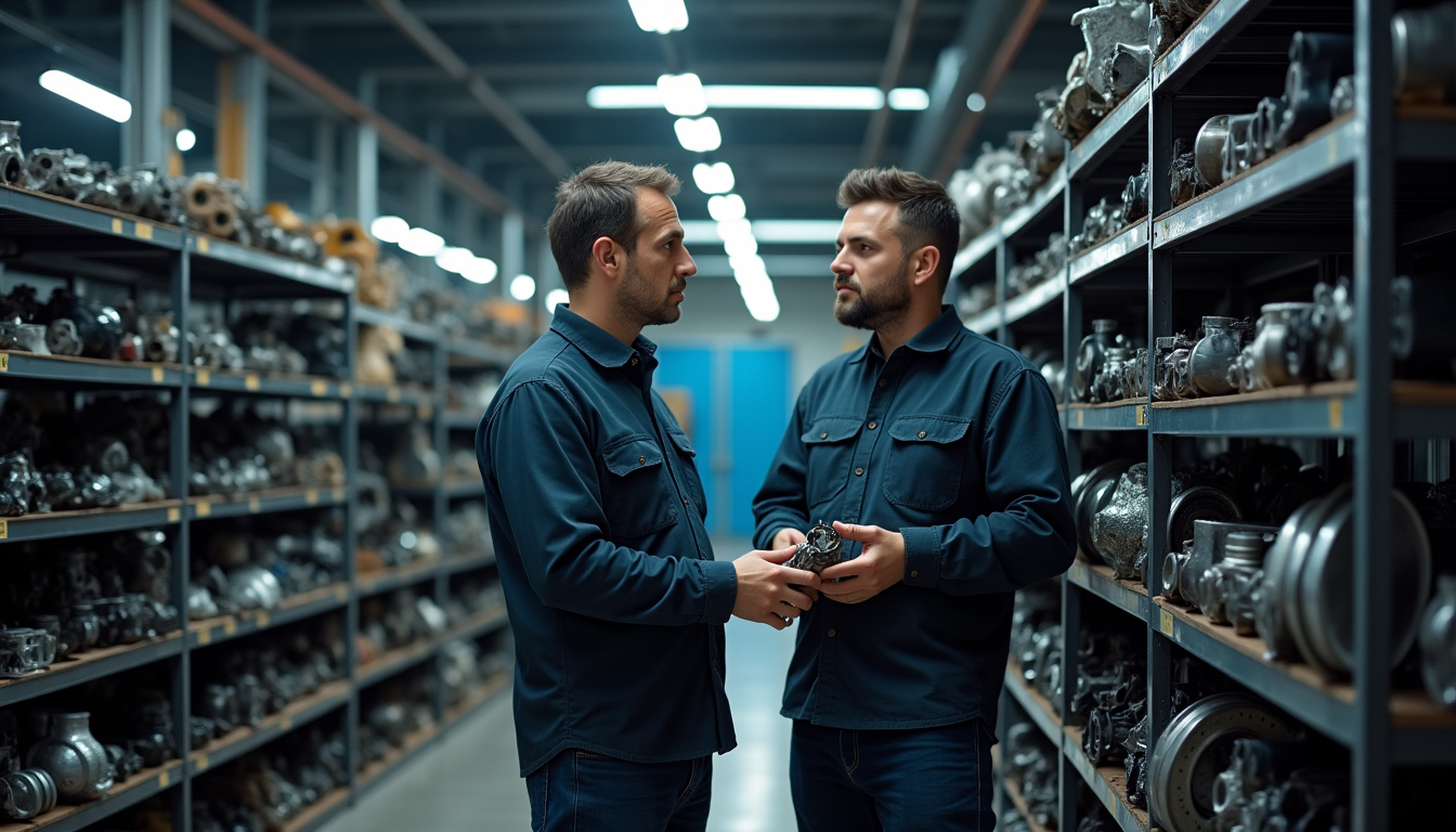 Client discutant avec un conseiller de casse auto devant une pièce détachée exposée en magasin