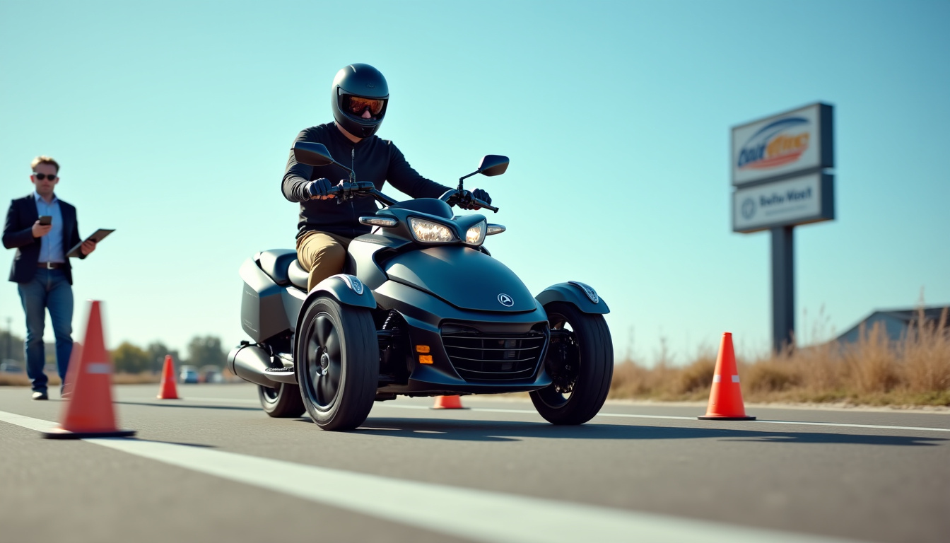 Client en train d’essayer une moto 3 roues sur un parcours de démonstration