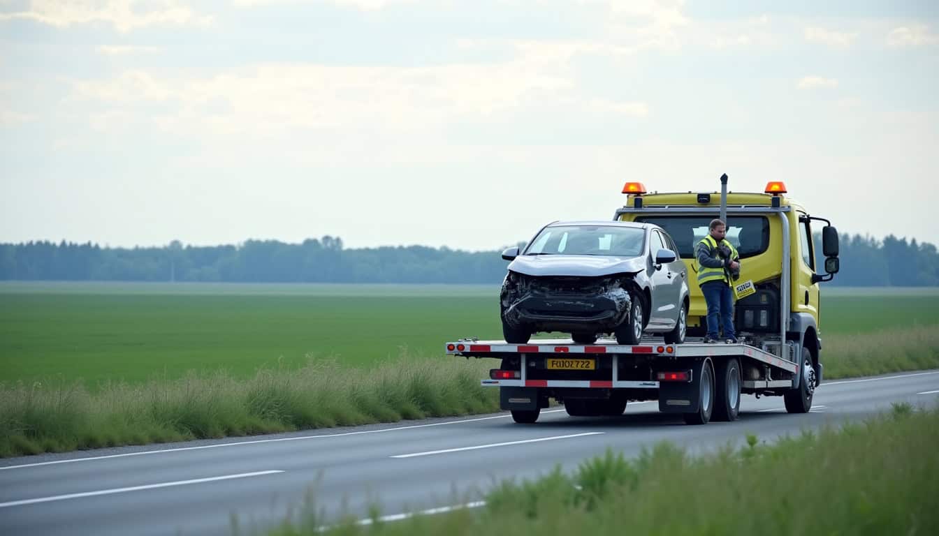Épaviste en intervention à Féchain avec un véhicule sur la remorque