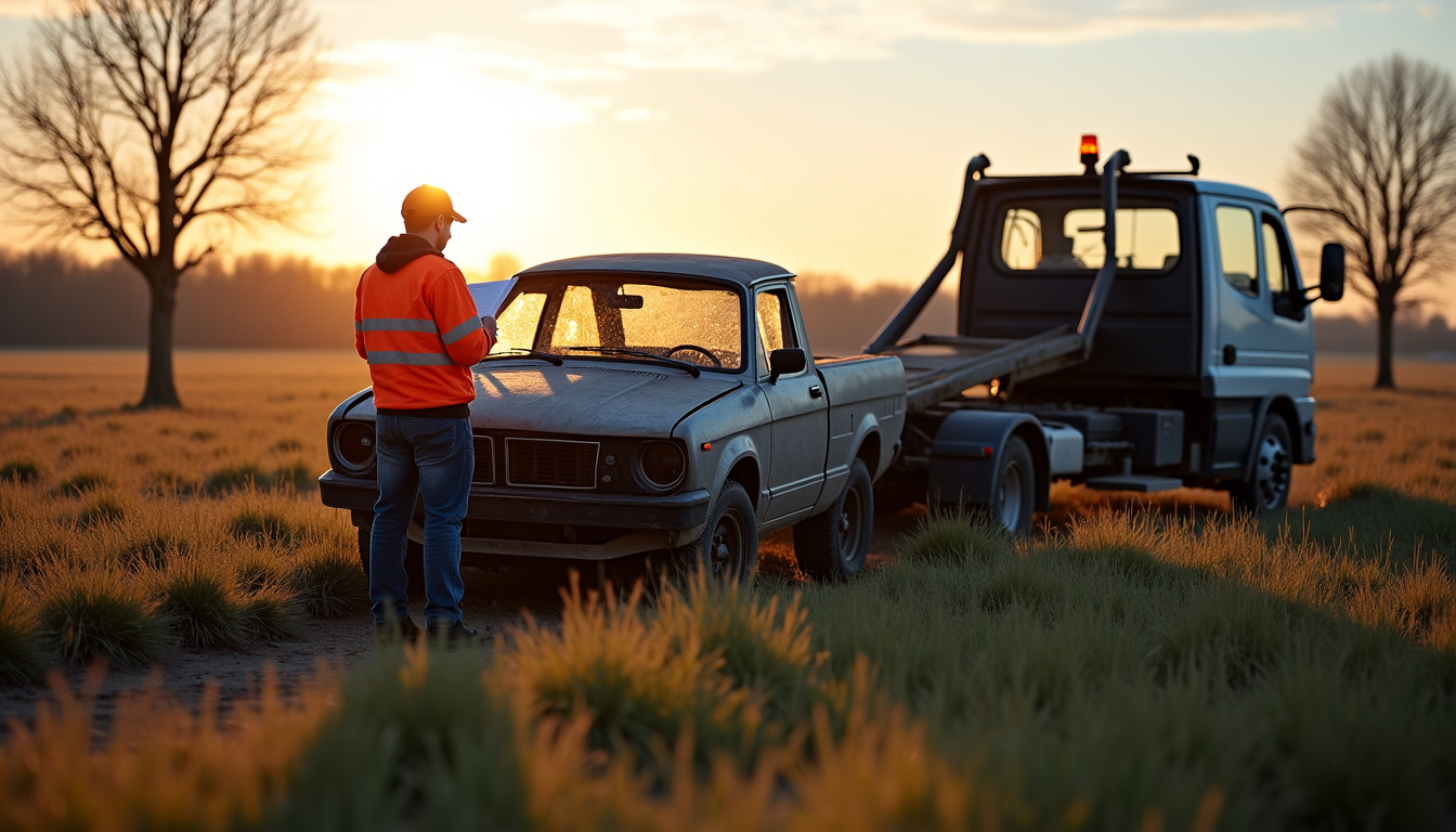 Épaviste en intervention sur un terrain à Boussières-en-Cambrésis pour l’enlèvement d’un véhicule hors d’usage