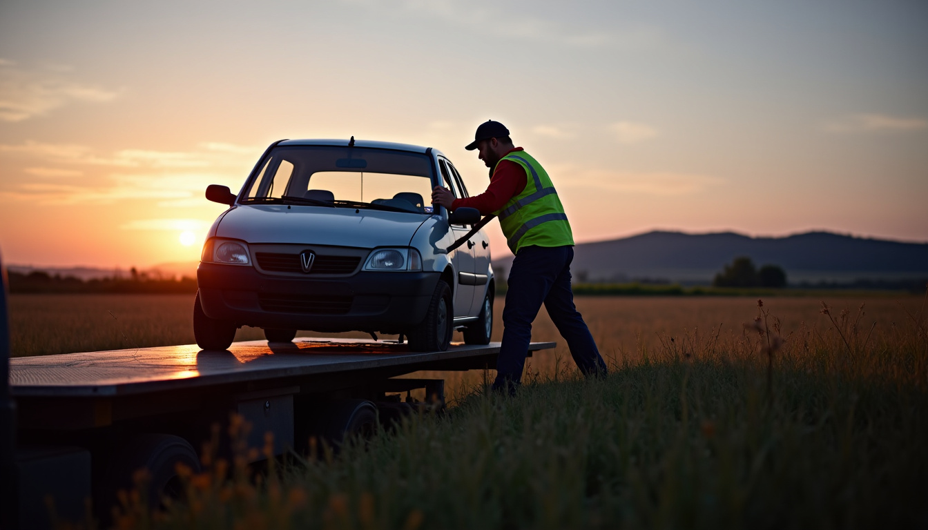Épaviste en train de charger un véhicule hors d