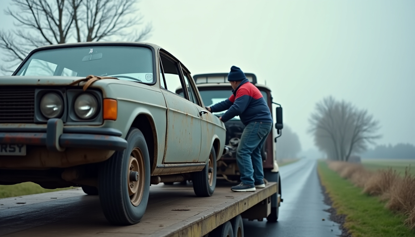 Épaviste en train de charger un véhicule sur une remorque à Saint-Erme-Outre-et-Ramecourt