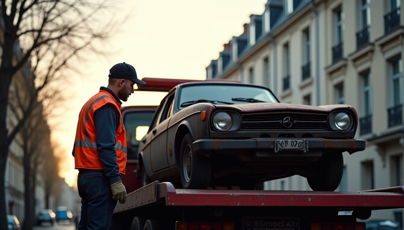 Épaviste en train de charger une voiture sur une dépanneuse devant un domicile
