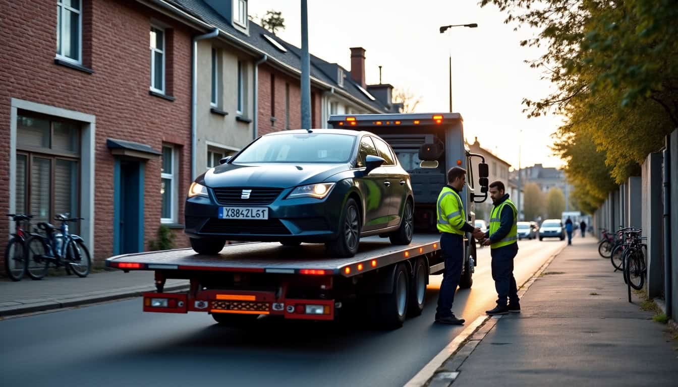 Épaviste en train d’enlever un véhicule à Escaudain avec un camion plateau