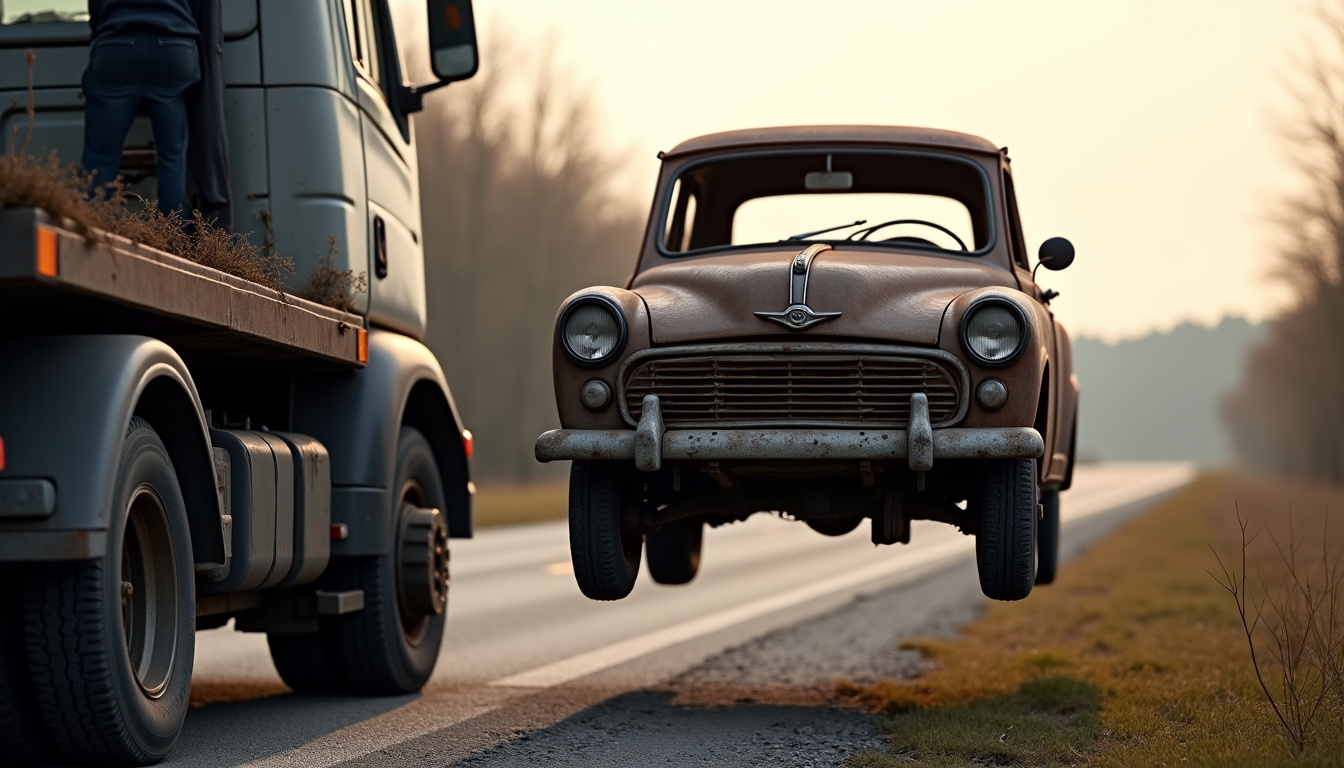 Épaviste en train d’enlever un véhicule à Feignies