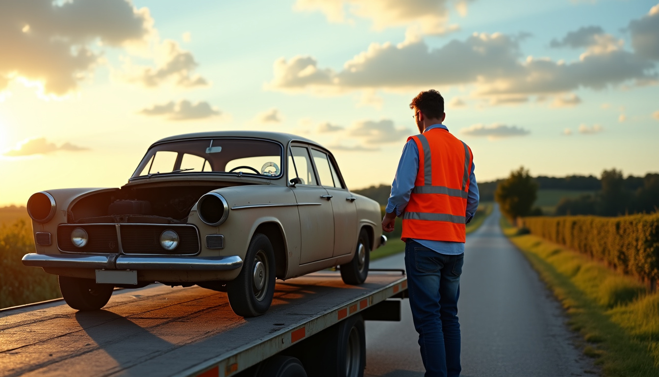 Épaviste en train d’enlever un véhicule à Nouvron-Vingré (02290)