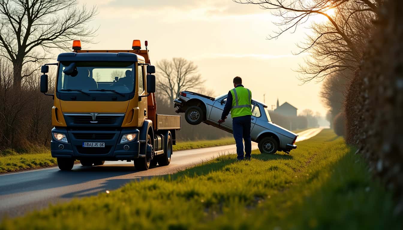 Épaviste en train d’enlever une voiture à Pavant dans l’Aisne