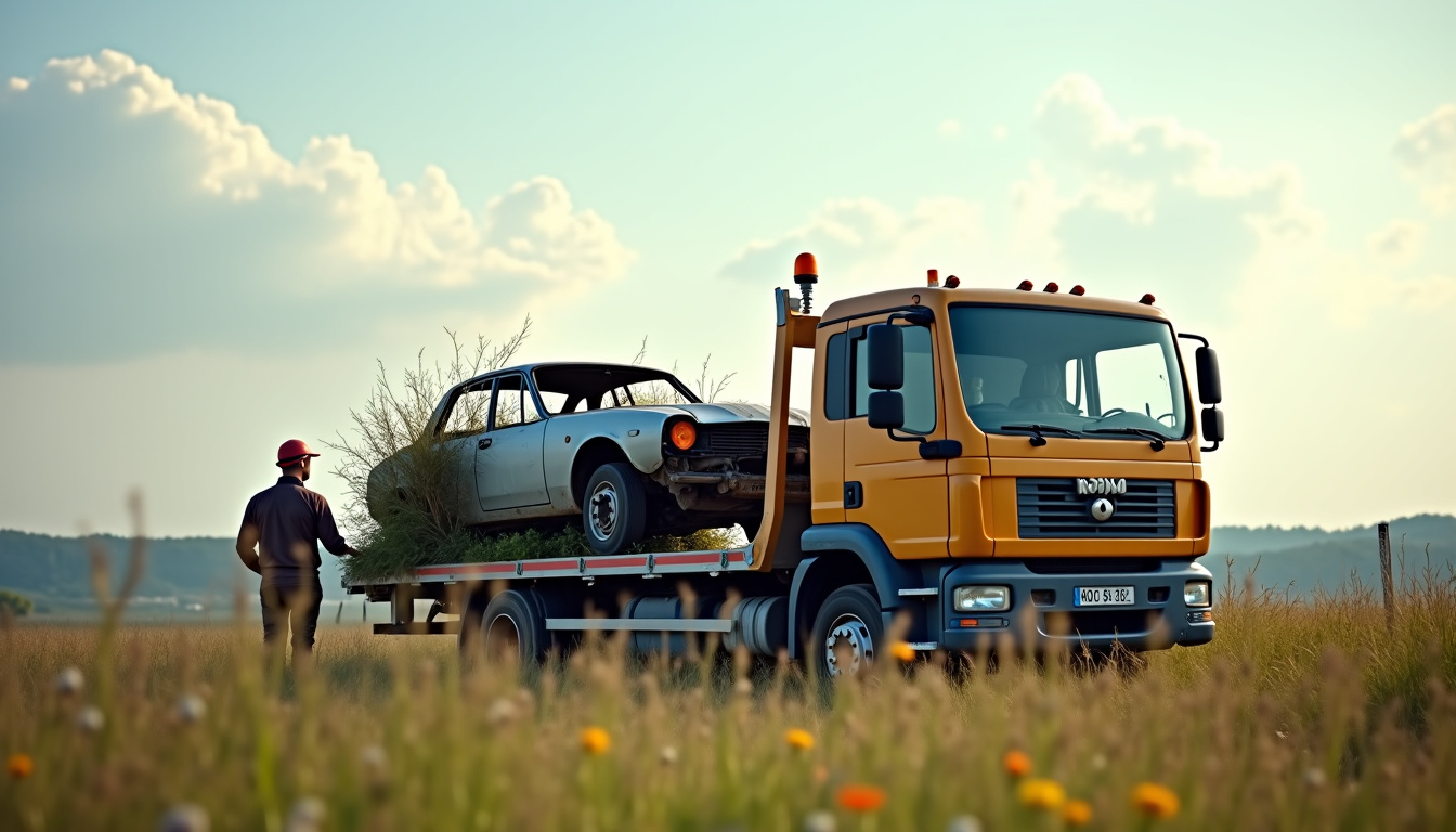 Épaviste en train d’enlever une voiture hors d’usage à Besmont (02500)