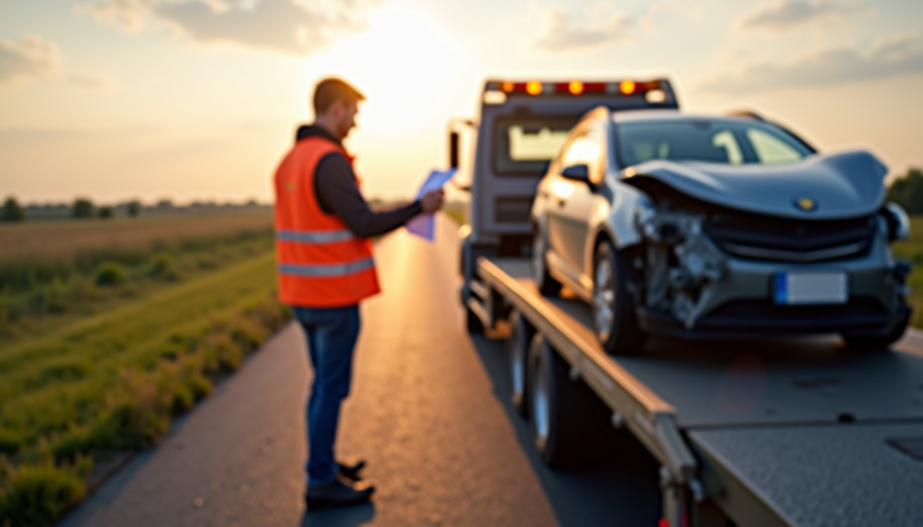 Épaviste remettant un document officiel au propriétaire d