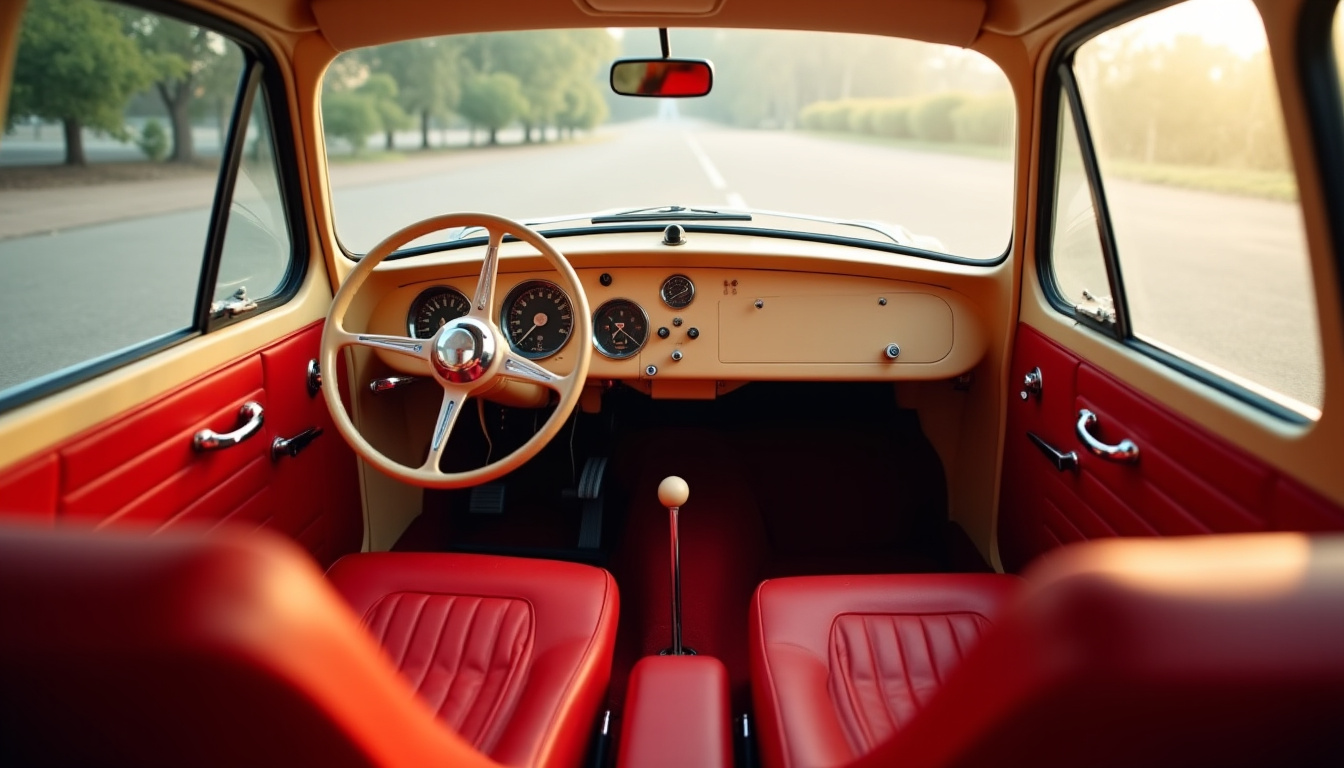 Intérieur de la Citroën Ami 8 avec sa planche de bord dépouillée et ses sièges rouges caractéristiques