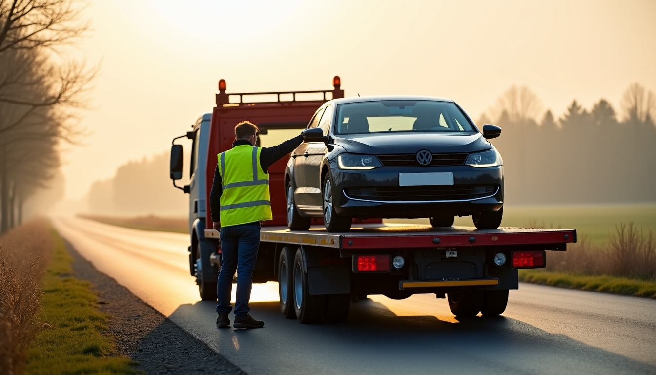 Intervention d’un épaviste à Saint-Gobain en train de charger un véhicule sur une dépanneuse