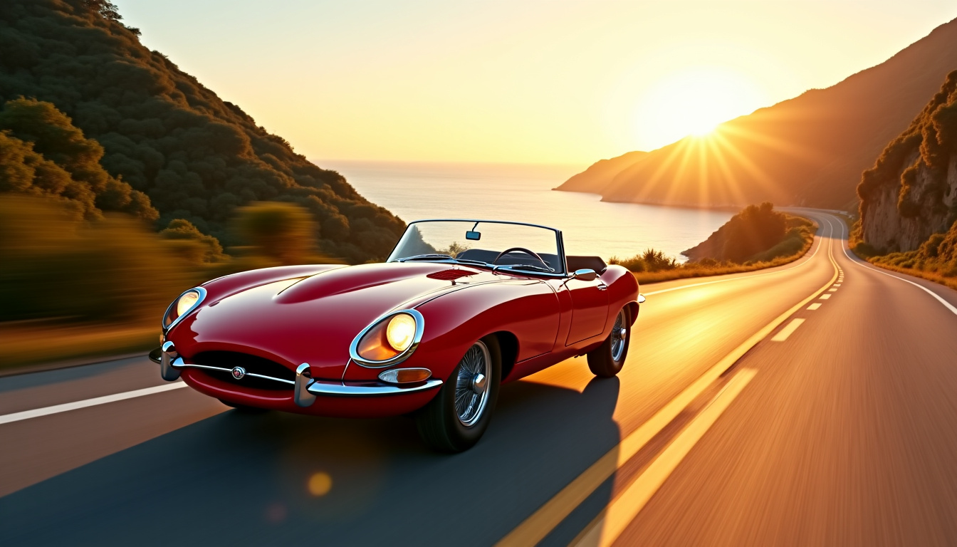 Jaguar Type E rouge des années 60 en conduite sur une route sinueuse, illustrant son design sportif et élégant