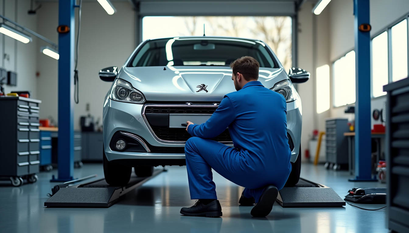 Mécanicien vérifiant le système de boîte automatique sur une Peugeot 208 2026