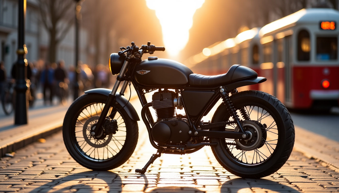 Moto 125 électrique de type café racer avec design rétro en milieu urbain