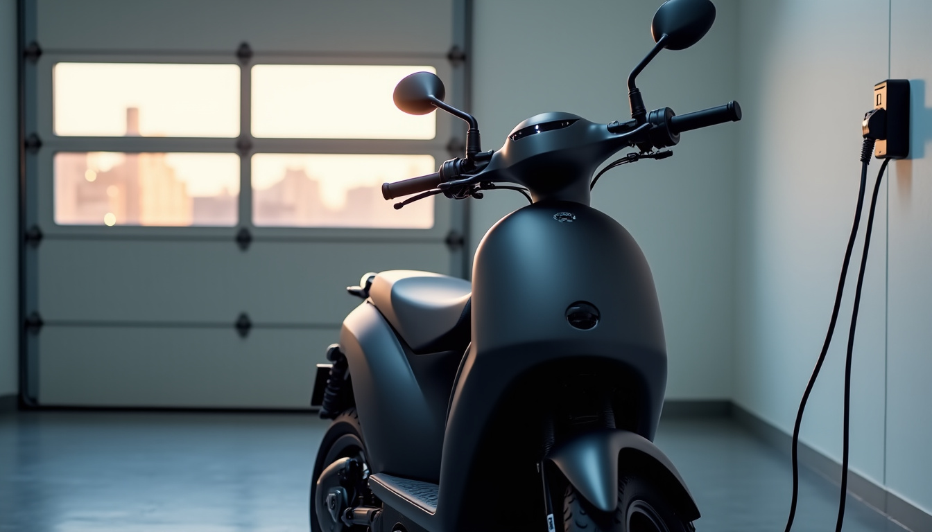 Moto 125 électrique en cours de recharge sur une prise murale domestique