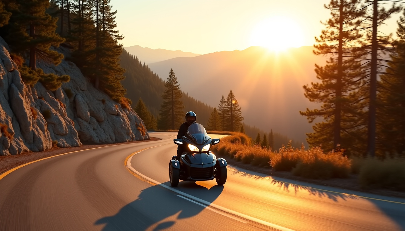 Moto 3 roues en conduite sur une route sinueuse avec paysage montagneux en arrière-plan