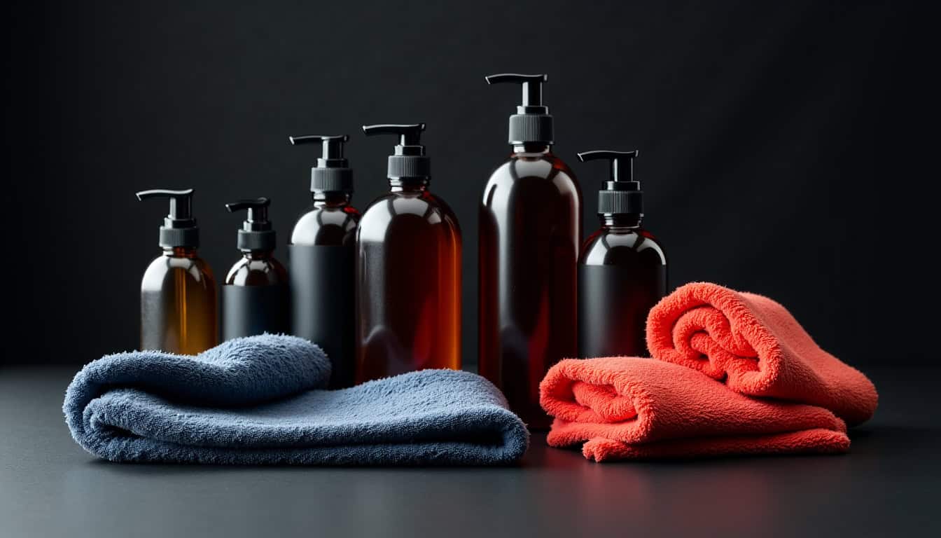 Une gamme variée de produits de nettoyage pour voiture, incluant des bouteilles de shampoing, des cires, des nettoyants pour jantes et des microfibres, disposés sur une surface sombre pour souligner leur éclat.