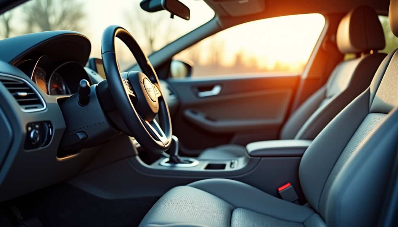 Un intérieur de voiture méticuleusement nettoyé, montrant un tableau de bord brillant, des sièges impeccables et un volant comme neuf, reflétant le travail de produits de nettoyage spécialisés.
