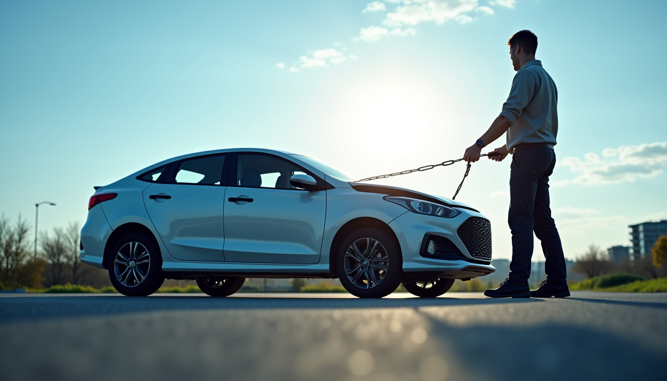 Un épaviste professionnel utilise un treuil pour charger une voiture en panne sur une dépanneuse moderne. La scène se déroule sous un ciel clair, mettant en évidence le processus efficace d'enlèvement d'épave.